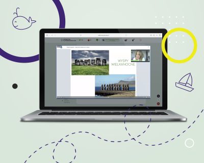 Laptop z otwartą stroną Internetową Platformy Edukacyjnej z widokiem na przykładowy webinar z edukacji wczesnoszkolnej w klasie 1 szkoły podstawowej.