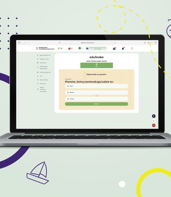 Laptop z otwartą stroną Internetową Platformy Edukacyjnej z widokiem na eduSnake, czyli grę dla uczniów 1 klasy szkoły podstawowej.