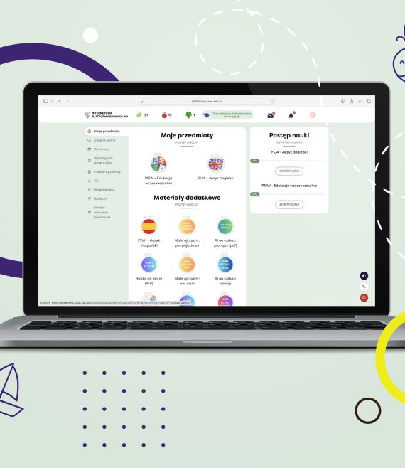 Laptop z otwartą stroną Internetową Platformy Edukacyjnej z widokiem na przedmioty obowiązujące w 1 klasie szkoły podstawowej.