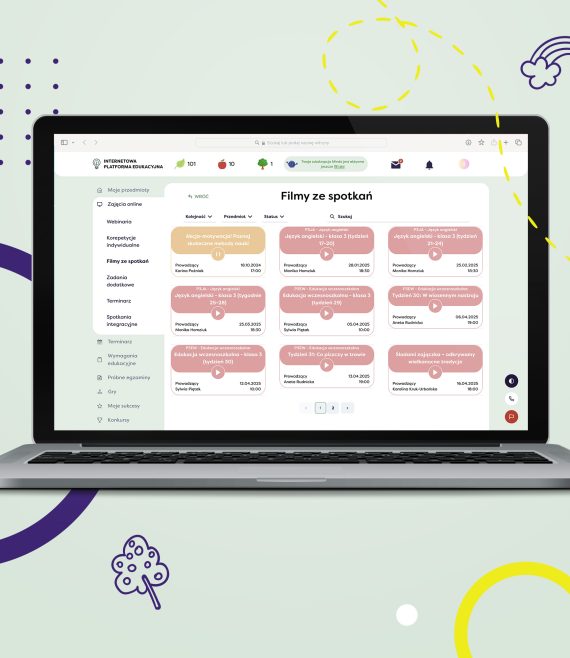 Laptop z otwartą stroną Internetową Platformy Edukacyjnej z widokiem na filmy z Webinariów z możliwością odtworzenia, dla 3 klasy szkoły podstawowej.