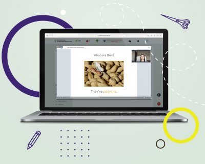 Laptop z otwartą stroną Internetową Platformy Edukacyjnej z widokiem na przykładowy webinar z języka angielskiego w klasie 4 szkoły podstawowej.