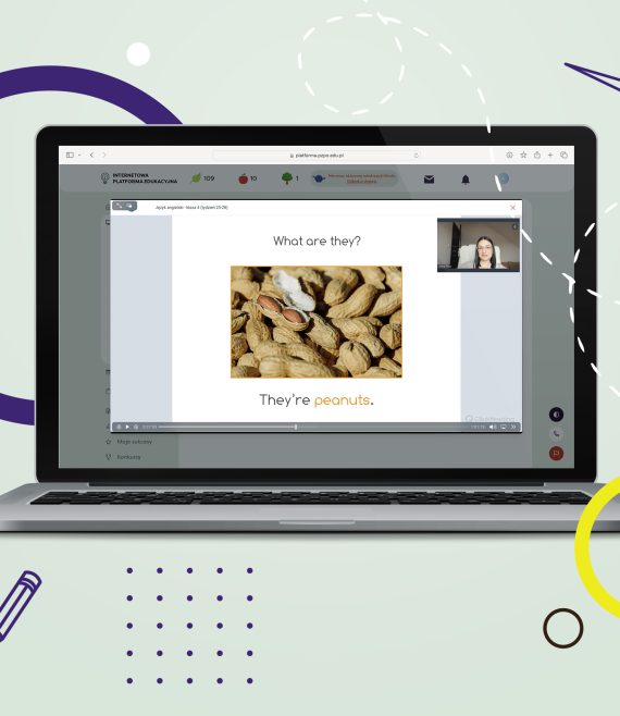 Laptop z otwartą stroną Internetową Platformy Edukacyjnej z widokiem na przykładowy webinar z języka angielskiego w klasie 4 szkoły podstawowej.
