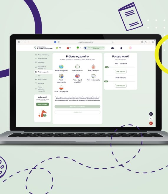 Laptop z otwartą stroną Internetową Platformy Edukacyjnej z widokiem na próbne egzaminy dla 5 klasy szkoły podstawowej.