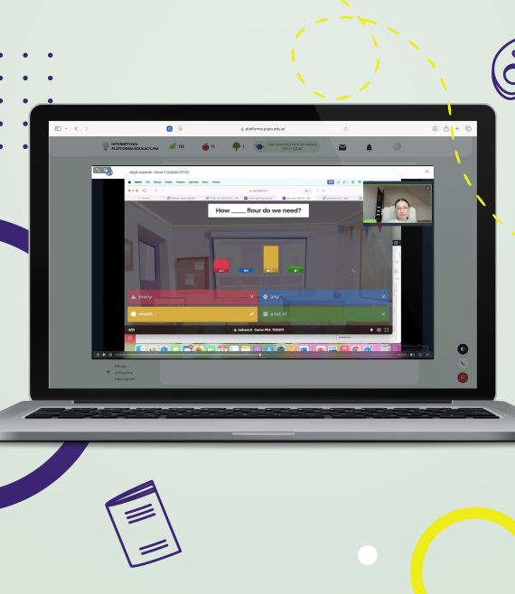 Laptop z otwartą stroną Internetową Platformy Edukacyjnej z widokiem na przykładowy webinar z języka angielskiego w klasie 5 szkoły podstawowej.