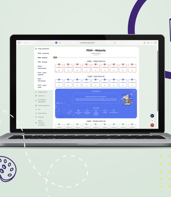 Laptop z otwartą stroną Internetową Platformy Edukacyjnej z widokiem na listę lekcji z historii dla 5 klasy szkoły podstawowej.