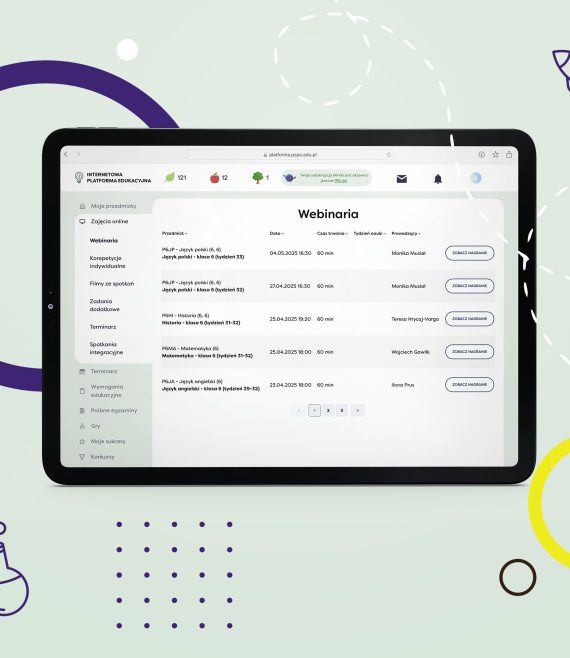 Tablet z otwartą stroną Internetową Platformy Edukacyjnej z widokiem na harmonogram Webinariów dla 6 klasy szkoły podstawowej.