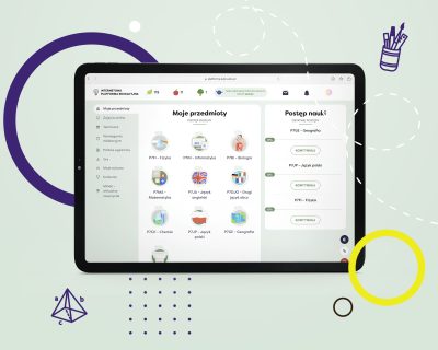 Laptop z otwartą stroną Internetową Platformy Edukacyjnej z widokiem na przedmioty obowiązujące w 7 klasie szkoły podstawowej.