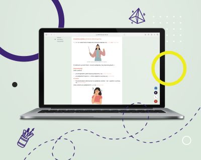 Laptop z otwartą stroną Internetową Platformy Edukacyjnej z widokiem na przykładową lekcję z języka polskiego dla 7 klasy szkoły podstawowej.