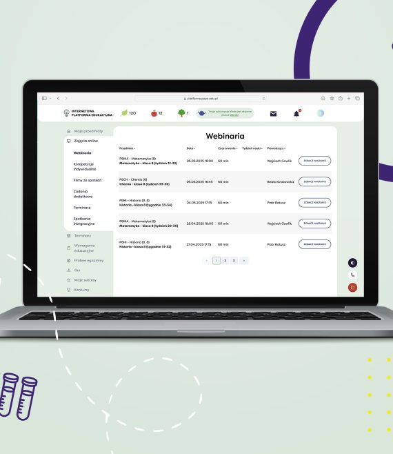 Laptop z otwartą stroną Internetową Platformy Edukacyjnej z widokiem na harmonogram Webinariów dla 8 klasy szkoły podstawowej.