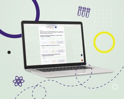 Laptop z otwartą stroną Internetową Platformy Edukacyjnej z widokiem na przykładową lekcję z języka polskiego dla 8 klasy szkoły podstawowej.