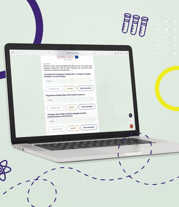 Laptop z otwartą stroną Internetową Platformy Edukacyjnej z widokiem na przykładową lekcję z języka polskiego dla 8 klasy szkoły podstawowej.