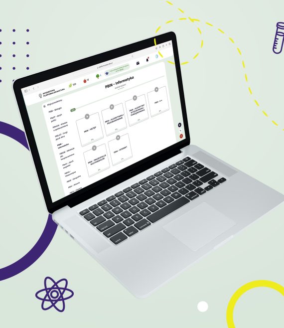 Laptop z otwartą stroną Internetową Platformy Edukacyjnej z widokiem na listę lekcji z informatyki dla 8 klasy szkoły podstawowej.