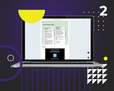 Laptop z otwartą stroną Internetową Platformy Edukacyjnej z widokiem na przykładową lekcję informatyki dla 2 klasy liceum.