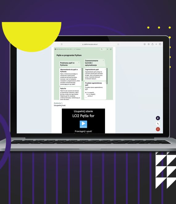 Laptop z otwartą stroną Internetową Platformy Edukacyjnej z widokiem na przykładową lekcję informatyki dla 2 klasy liceum.
