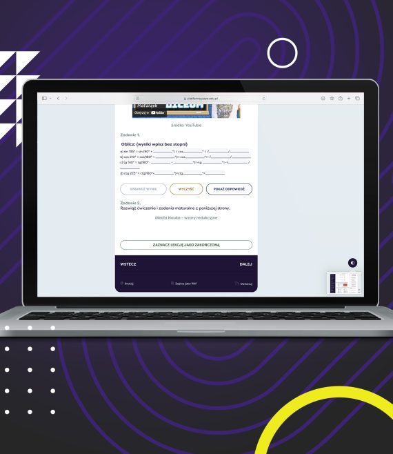 Laptop z otwartą stroną Internetową Platformy Edukacyjnej z widokiem na treści edukacyjne z matematyki dla 2 klasy liceum.
