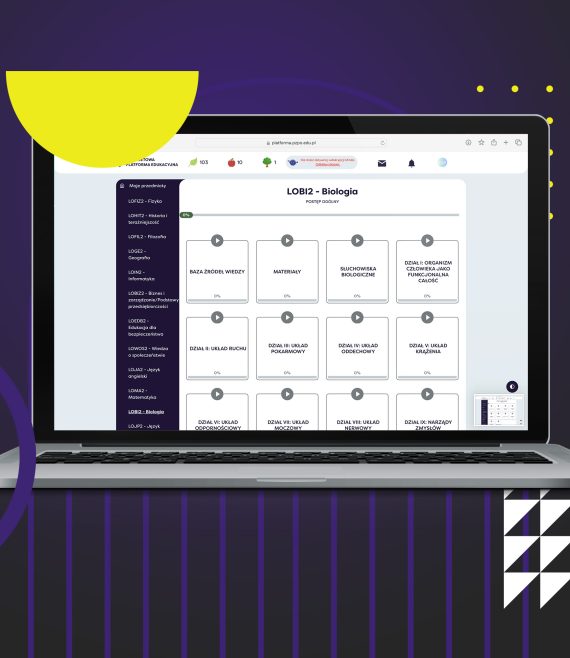 Laptop z otwartą stroną Internetową Platformy Edukacyjnej z widokiem na listę lekcji z biologii dla 2 klasy liceum.
