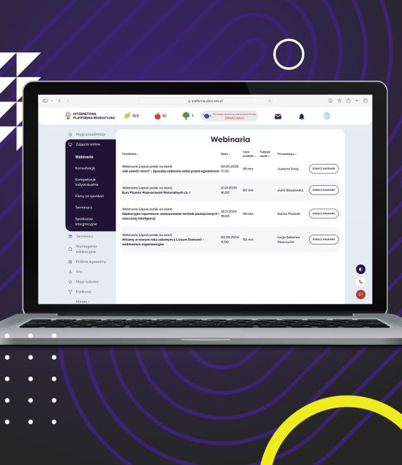 Laptop z otwartą stroną Internetową Platformy Edukacyjnej z widokiem na listę przykładowych Webinariów dla 2 klasy liceum.
