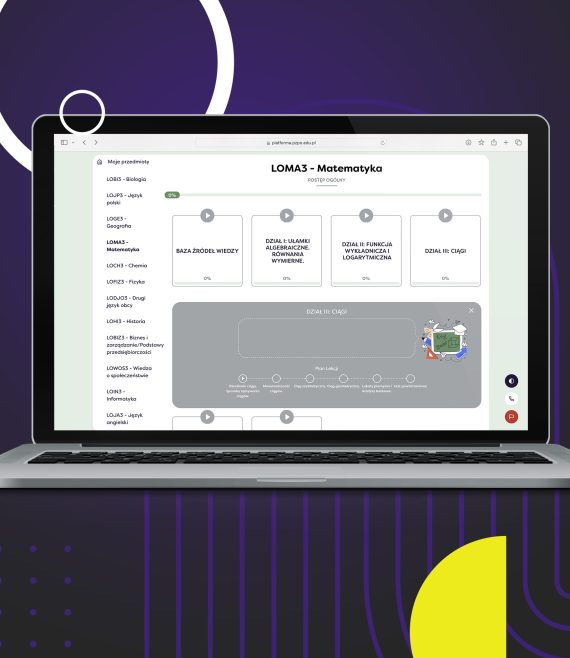 Laptop z otwartą stroną Internetową Platformy Edukacyjnej z widokiem na listę lekcji z matematyki dla 3 klasy liceum.