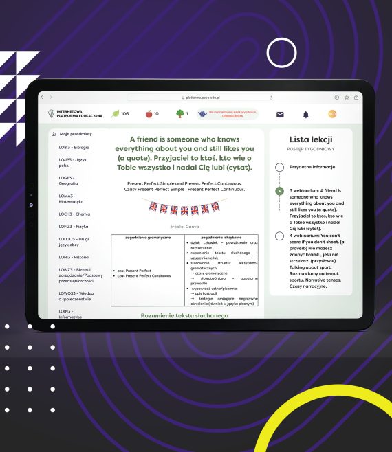 Laptop z otwartą stroną internetową platformy edukacyjnej z widokiem na przykładową lekcję języka angielskiego.