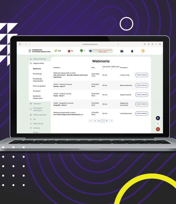Laptop z otwartą stroną internetową platformy edukacyjnej z widokiem na listę webinarów, konsultacji i terminów zajęć online.